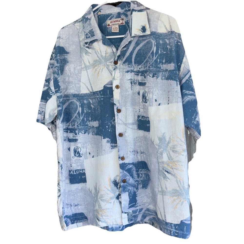 Summa Hawaiin Aloha Shirt Men's Large  Blue White Loose Fit Dad Beach Resort